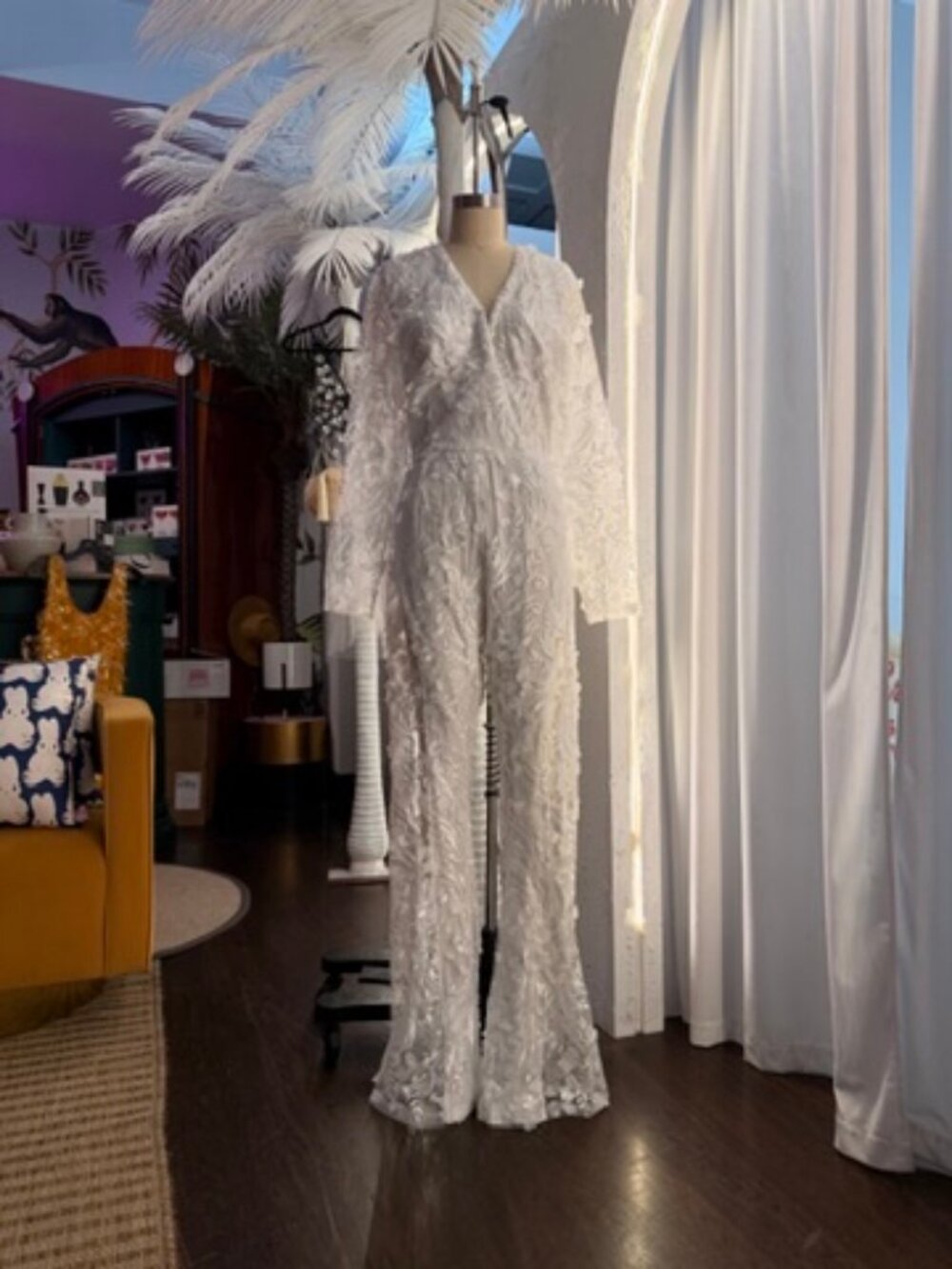 Nova Luxe White Floral Lace Long Sleeve Wide Leg Jumpsuit - Medium